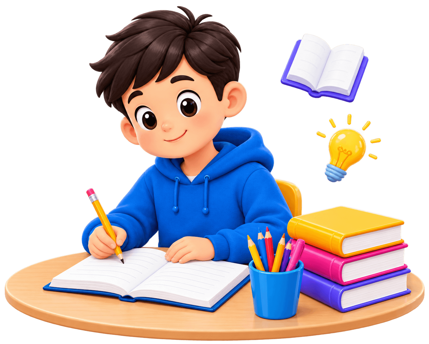 A happy student writing and learning with BrainUpKids